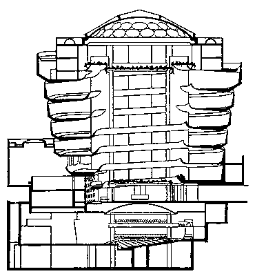 Современная зарубежная архитектура. Музей Гуггенхейма в Нью-Йорке (1956—59, архитектор Ф. Л. Райт), разрез.