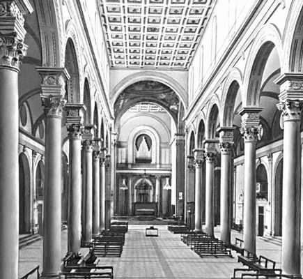 Ф. Брунеллески. Церковь Сан-Лоренцо во Флоренции. Италия. 1422—46, Интерьер.