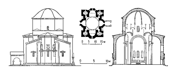 Крестово-купольный тип. храма. (Храм Джвари близ Мцхеты, Грузинская ССР. 586/587—604. Слева направо: фасад, план, разрез.)
