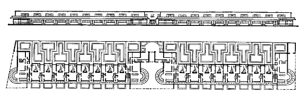 Современная зарубежная архитектура. Жилой комплекс Хук-ван-Холланд в Роттердаме (1926—27, архитектор Я. И. П. Ауд), разрез и план.